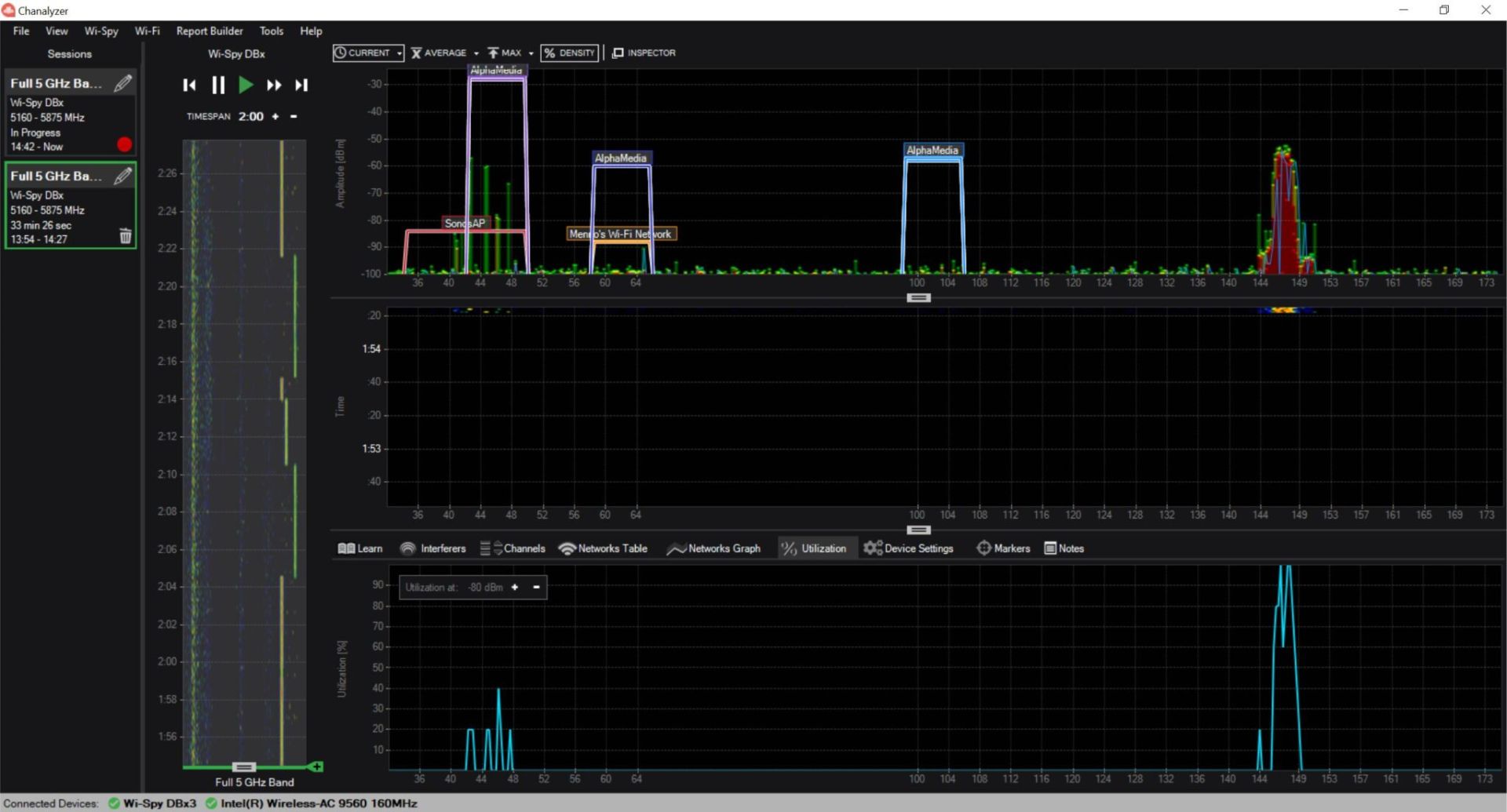  /></noscript></p>
<p>The Nubert NuConnect TRX connects over the 5GHz band and works in the wifi spectrum. So no WISA. That’s something to take into account. We have seen that the connection sometimes jumps between channels to get a better transmission (see the line on the left that jumps). WISA doesn’t suffer from that, but there are license fees. And that has to be taken into account in the product.</p>
<p>In our case, the connection is 100% stable. Partly because Nubert grabs a channel that is far away from the rest of the wifi accesspoints. Even though they do grab a DFS channel, which entails risks. If there is air traffic or, for example, a weather station nearby, it still has to jump or even switch off. But this didn’t happen in our test-period. And since Alpha Audio is located in Haarlem (near Schiphol), we do assume that this won’t happen elsewhere.</p>
<h2>
<div class=